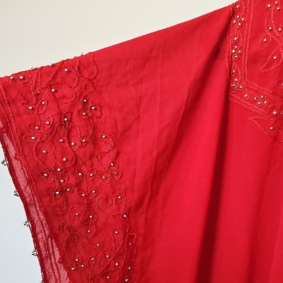 Sante Classics Vintage Red Boho Hippie Beaded  Embroidered Kaftan Dress One Size - Picture 5 of 10